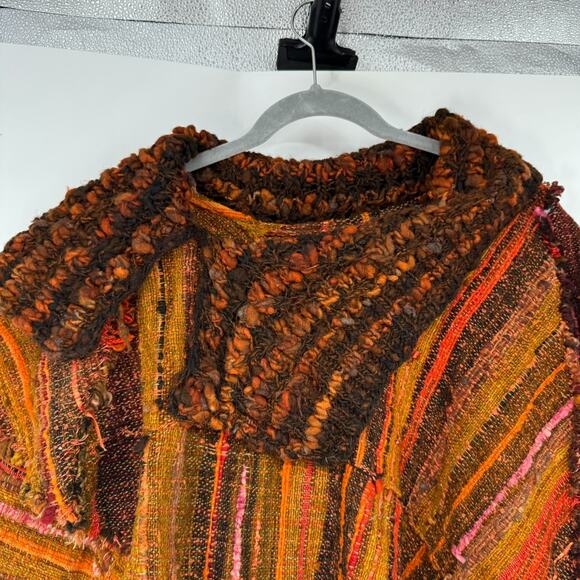 Woven Dream Designs Wool Poncho Shawl Women OS Orange Brown Striped Textured USA - Picture 3 of 6